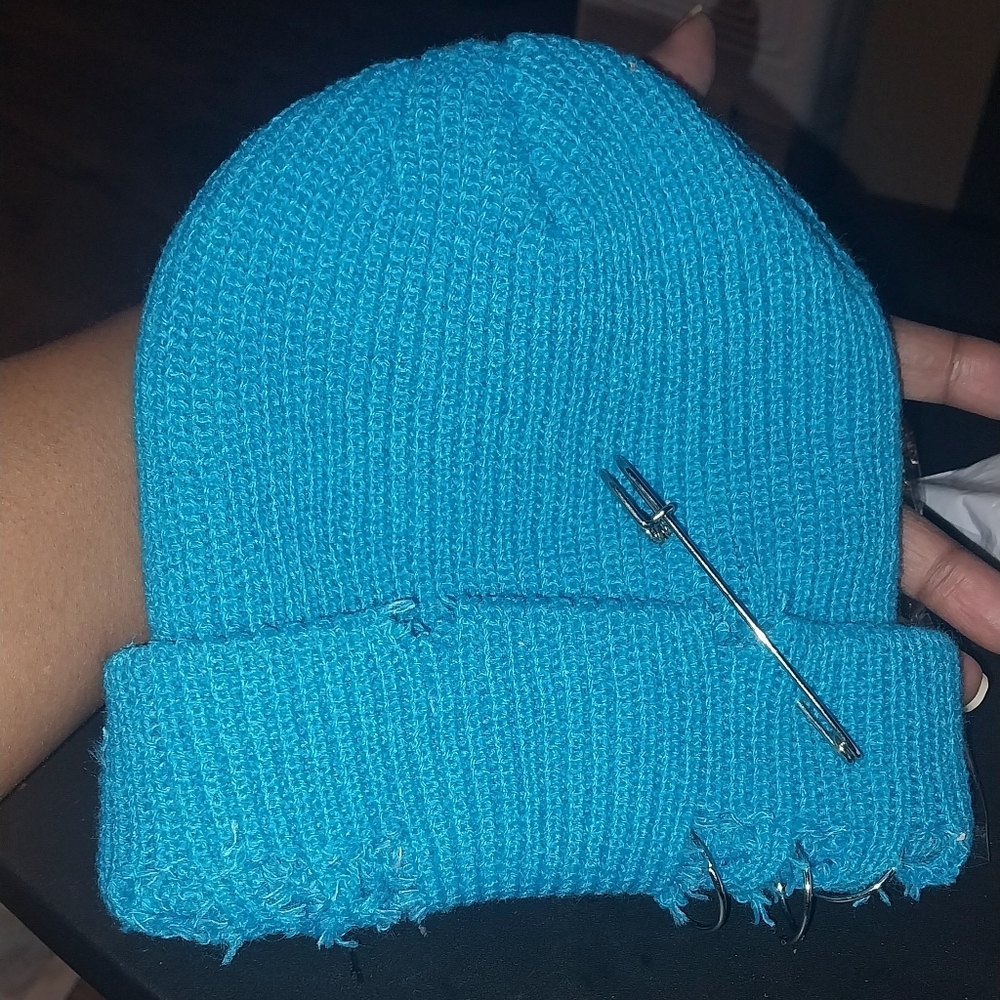 Unisex youth Unique Light Blue Knit Beanie with Hooks